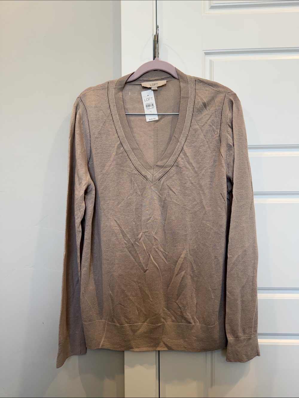 LOFT V-Neck Long Sleeve Sweater in Taupe